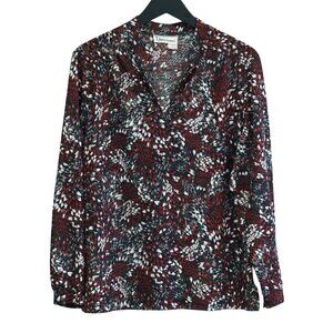Vintage 1970s Red Black White Print Blouse Long Sleeve V-Neck Lightweight